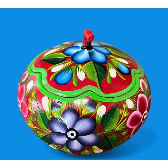 Gourd Hand Painted Folk Art Floral Flowers Bright Colors Trinket Box Mexican - Picture 3 of 11